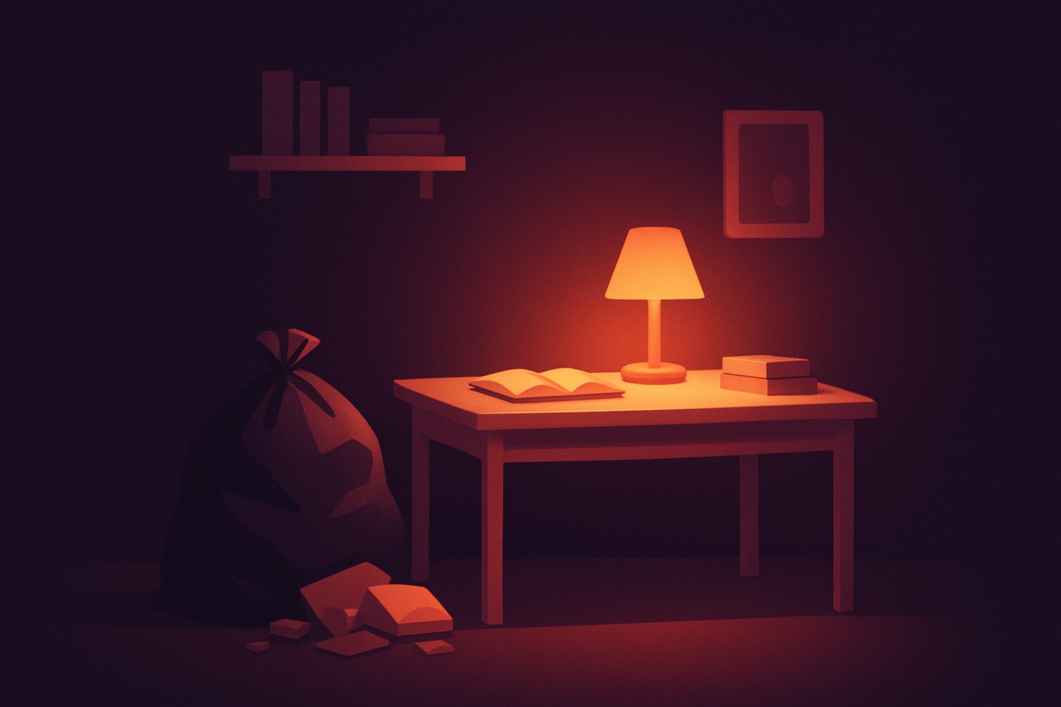 A room mid-rescue: trash bag filled, one surface clearing, warm lamp light